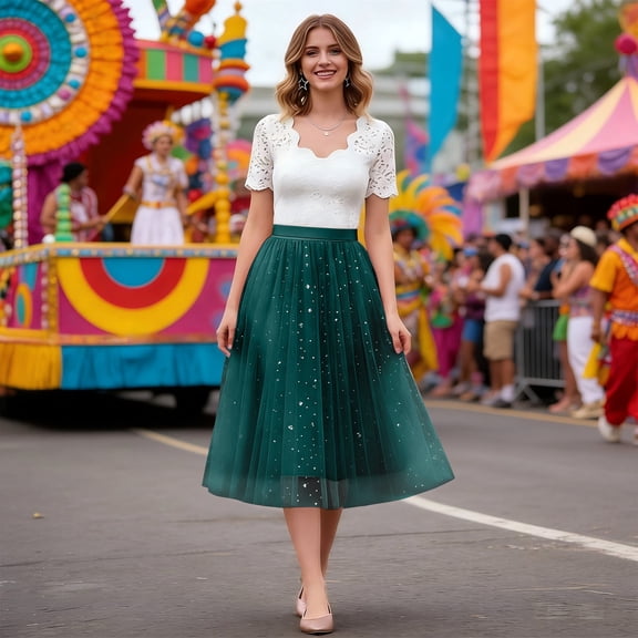 Women's Soild Color Tutu Skirt, Sparkling Sequin 3 Layer Fluffy Tulle Midi Skirt, Party Skirt for Festival, Birthday, Rave and Cosplay Blackish Green L