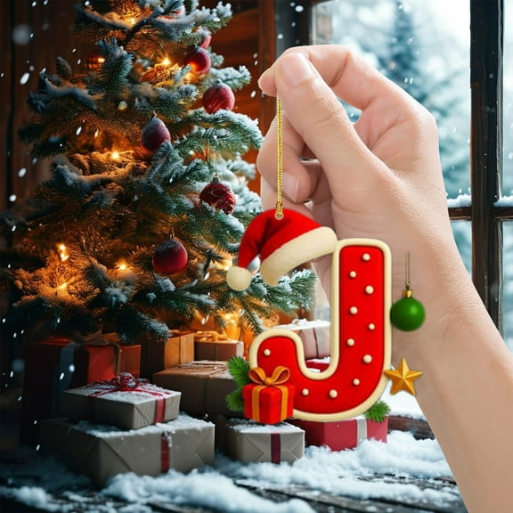 Todaioua Initial Christmas Ornaments Acrylic Xmas Alphabet Stocking Name Tags with Santa Hat, Christmas Balls & Gift Box Pattern Monogram Hanging Pendant for Party Tree Decor