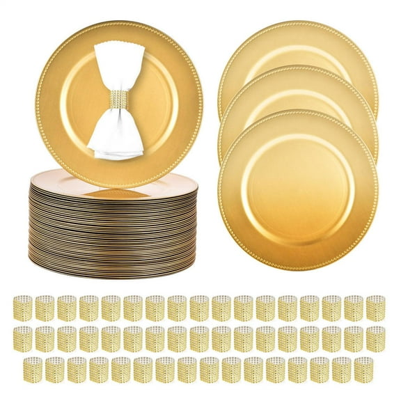 Wedding Charger Plates Set, 50 13in Gold Plastic Plates and 50 Napkin Rings for Table Setting