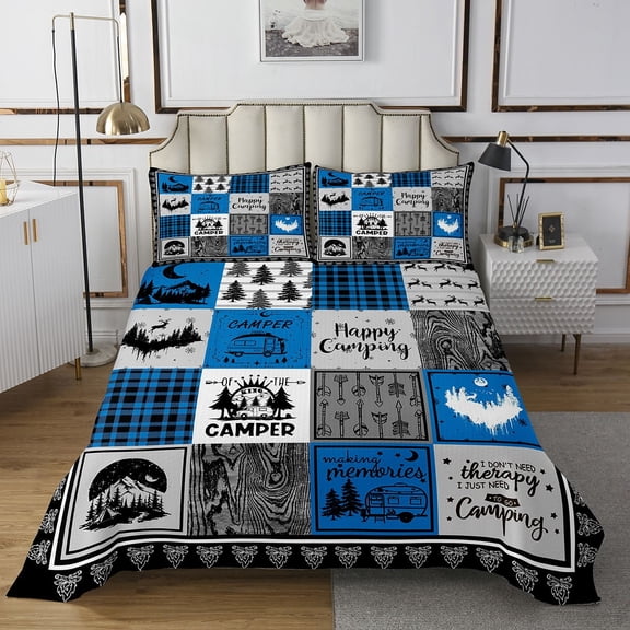 YST Kids Rv Camper Quilt Bedding Set Twin,Rustic Cabin Camping Bedspread for Travel Trailers,Buffalo Plaid Checkered Quilts Set Bedroom Decor,Pine Tree Deer Woodland Coverlet Set