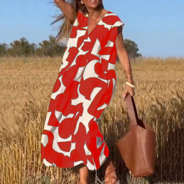 WILLBEST Vestidos Casuales para Mujer, Vestidos Casuales Bohemios Florales de Verano para Mujer, Cuello En V, Manga Corta, Sueltos, Línea A, Vestido Largo Chica
