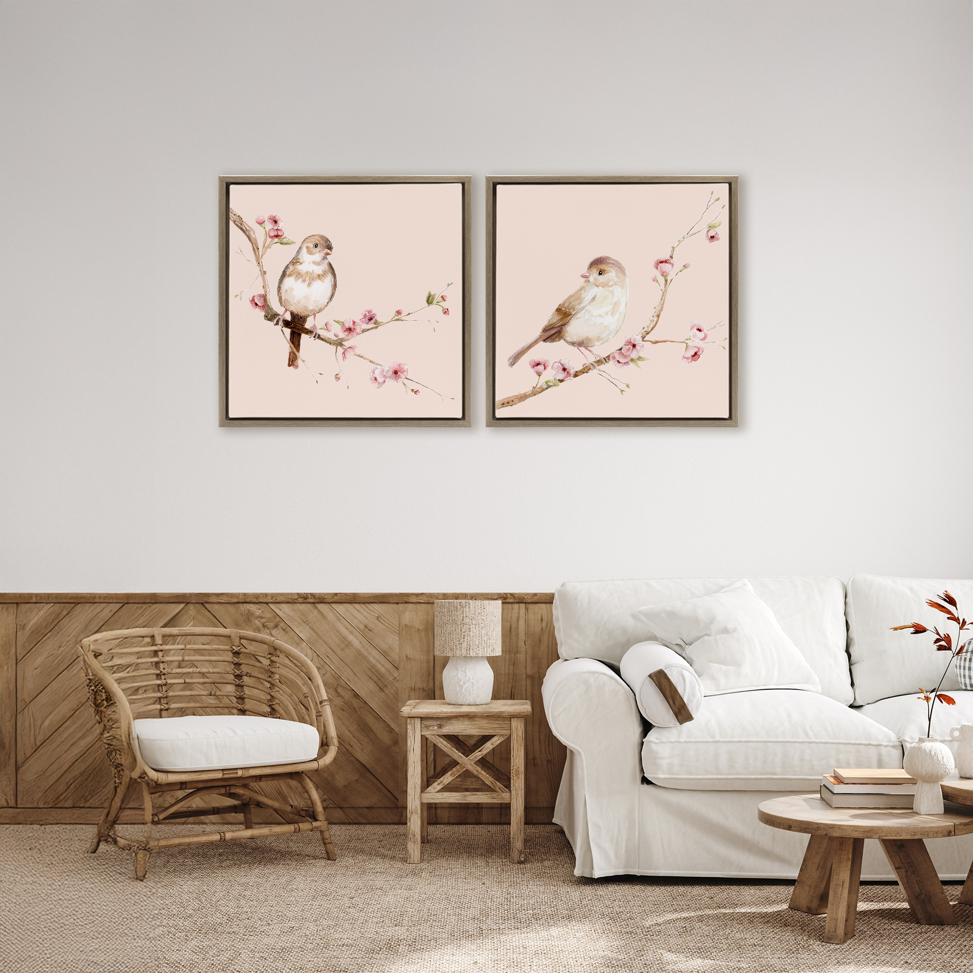 Sweetest Brown Birds Branch 2 Piece Brown Framed Floater Canvas Set, design by Lisa Wehmeyer