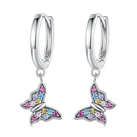 Colorful CZ Butterfly Dangle Hoop Earrings Sterling Silver 925 Crystal Small Huggie Hoops Drop Earrings for Women