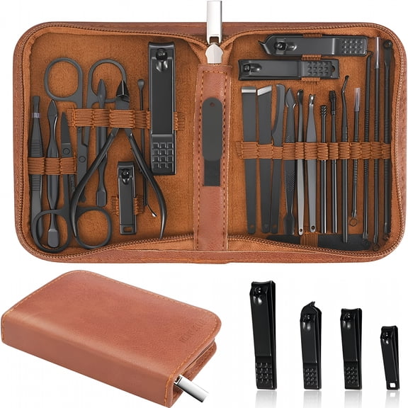 EXLEAF Manicure Set Professional Nail Clipper Kit-26 Pieces Stainless Steel Manicure Kit,Nail Care Tools with Luxurious Travel Case (Brown)