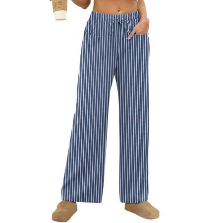 HongQid Women s Comfy Pajama Pants with Pockets Stretch Drawstring Lounge Pants Striped Soft Casual Wide Leg Pjs Sleep Bottoms