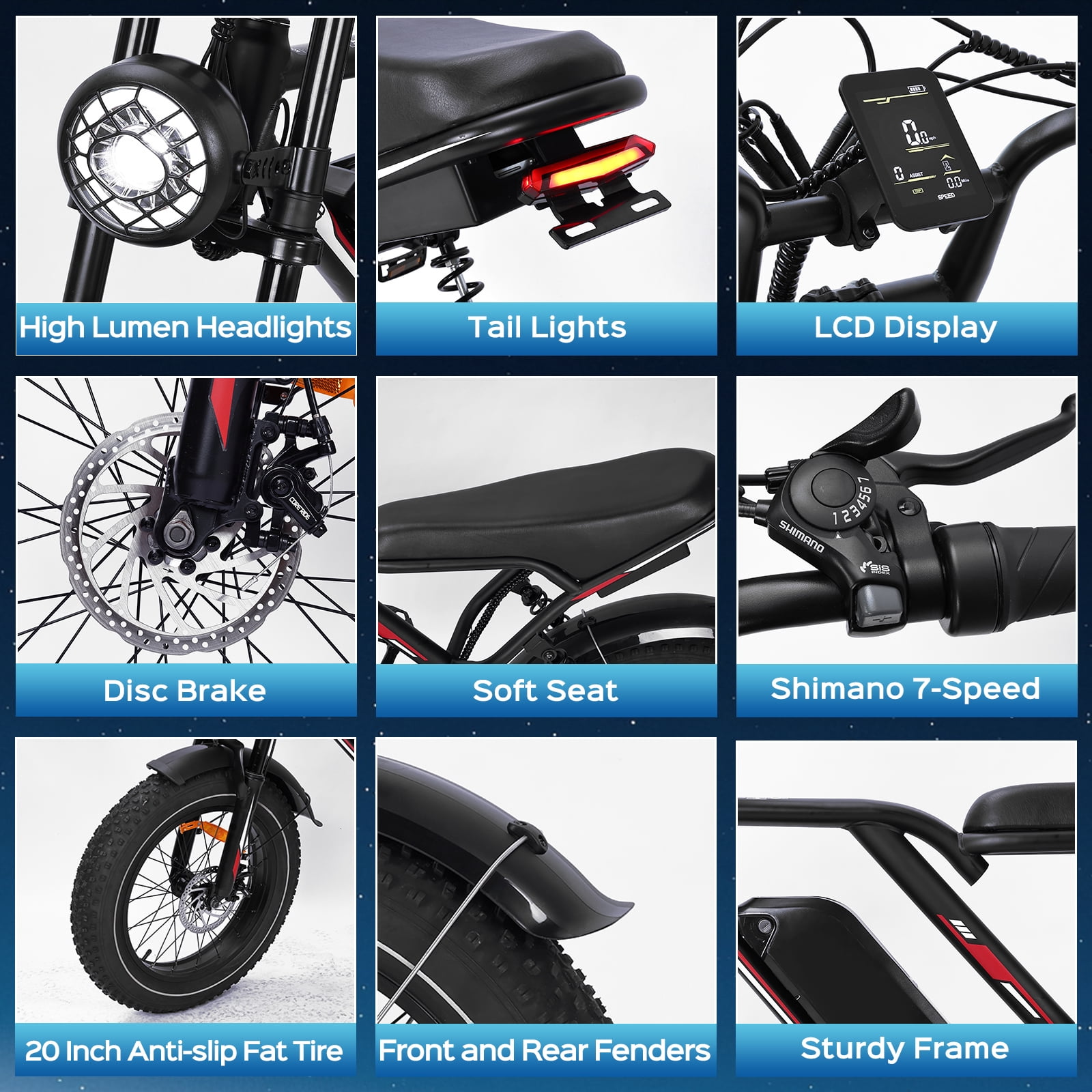 HiQiS S8 Electric Bike for Adult, 1000W 20" Fat Tire 48V 17.5AH Removable Battery, 31MPH Shimano 7 Speed Disc Brake Off-Road Mountain Ebike UL2849, Black