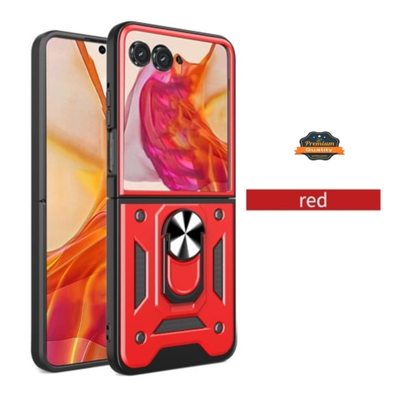 Phone Case Cover for Motorola Razr Ultra 2025 Shockproof Hybrid Dual Layer PC TPU with Metal Ring Kickstand Heavy Duty Armor Shell cover - Red