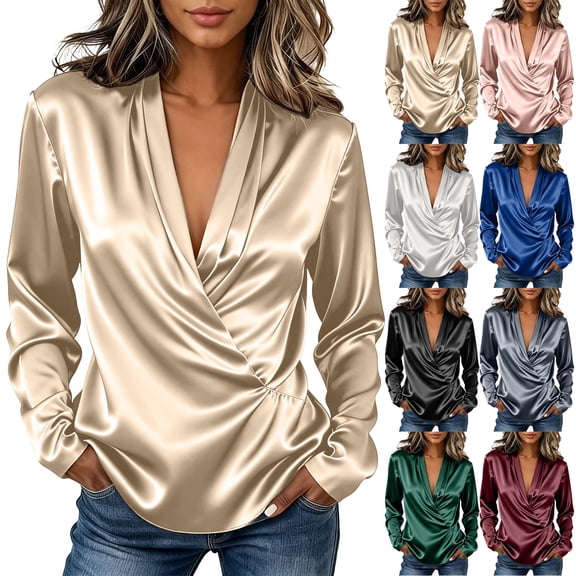 BUIGTTKLOP Womens Satin Tops Wrap V Neck Top Long Sleeve Shirts Dressy Casual Business Blouses Fall Outfits
