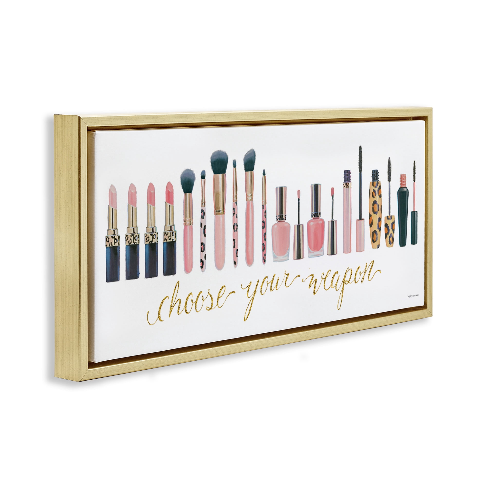 Stupell Industries Choose Your Weapon Glam Makeup Typography Painting Gold Floater Framed Canvas Art Print Wall Art, 31 x 14