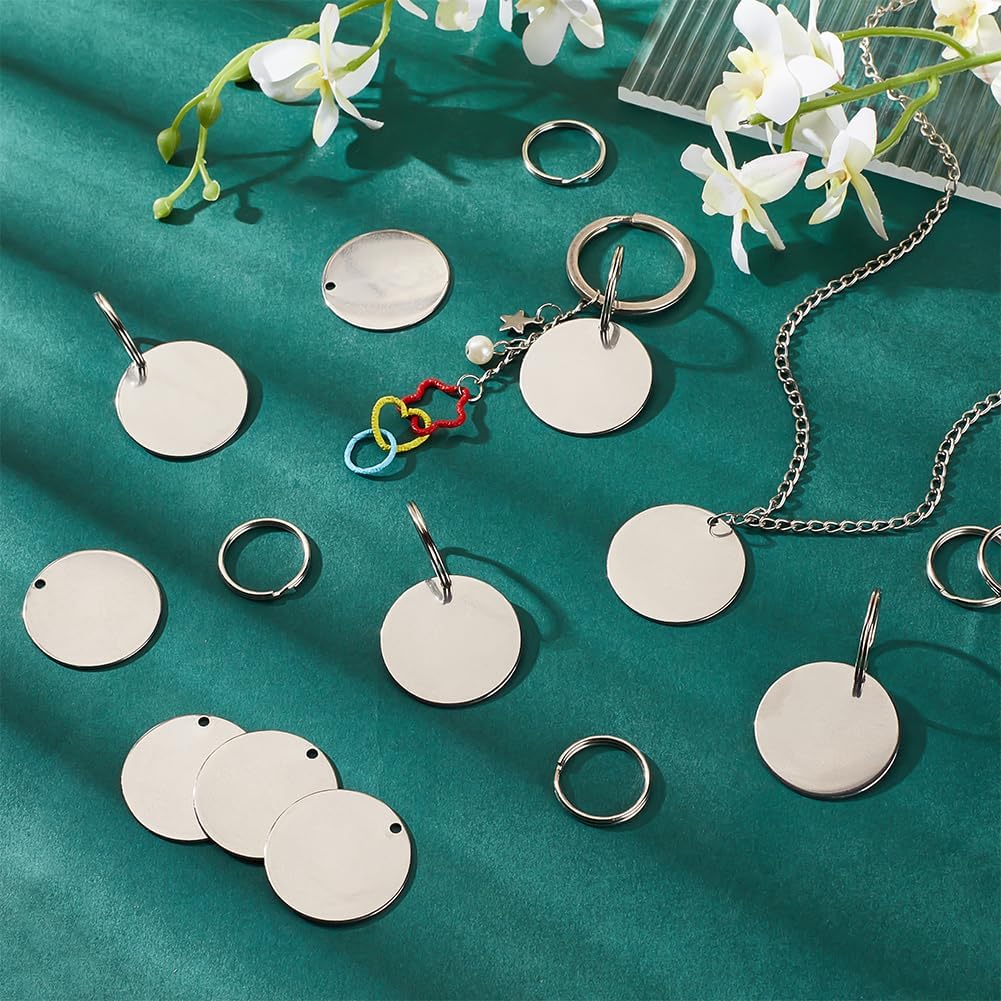 120Pcs Metal Engraving Blanks 1.2 Inch Stainless Steel Stamping Blanks with Key Rings Round Blank Tags Metal Tags with Holes Stamping Tag Pendants for DIY Crafts Necklace 1box