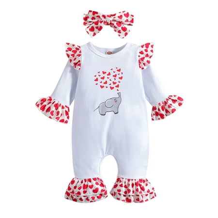 

Carolilly Baby Girl’s Jumpsuit Elephant Heart Print Ruffle Stitching Long Romper with Headband