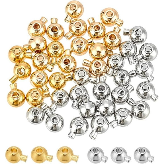 40 Pcs 2 Colors Brass Crimp Beads Round Ball and Column Shaped Fold over Cord Ends Metal Crimp End Tips Knot Covers Wire Guardians for DIY Jewelry Making 1mm Hole DIY