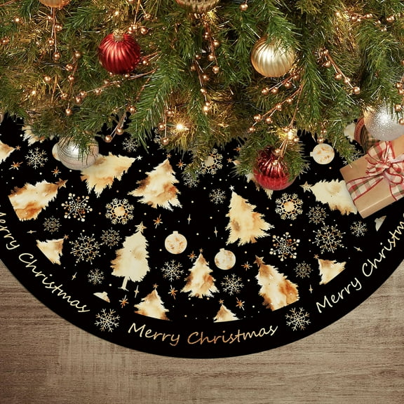 Christmas Tree Skirt, Golden Christmas Trees Snowflakes Black Gold Merry Christmas, Home Party Decorations, 48 inch