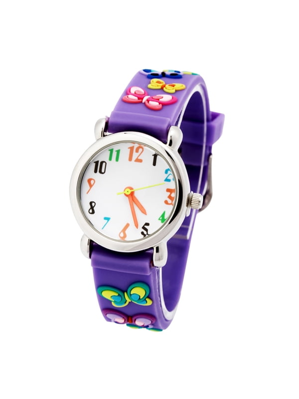 3D Lovely Cartoon Children Watch Silicone Strap Waterproof Digital Round Quartz Wristwatches Time Teacher Gift for Girls Purple-butterfly