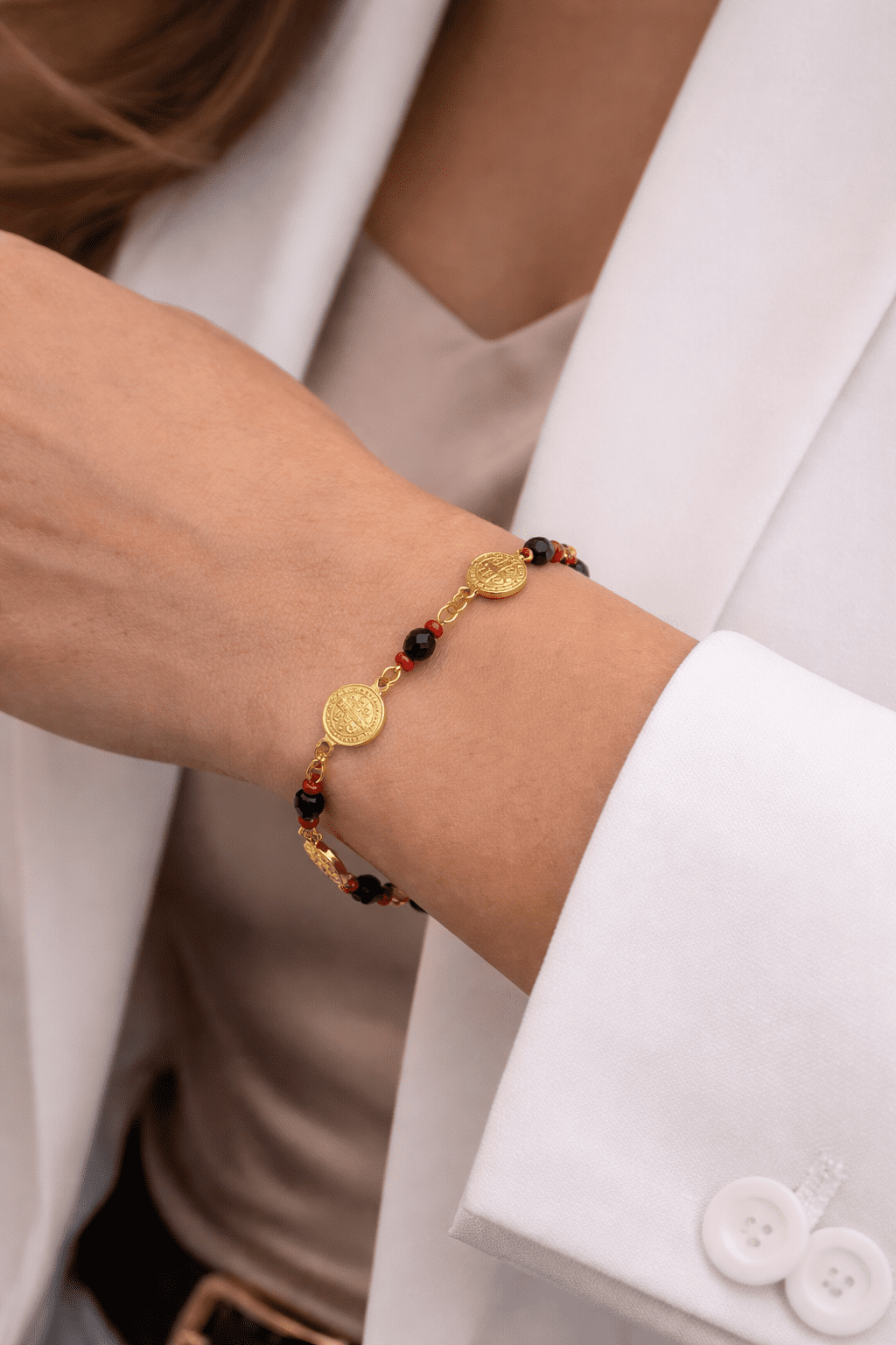 Womens San Benito Bracelet - Gold Filled Saint Benedictus Charm Black Red Beads