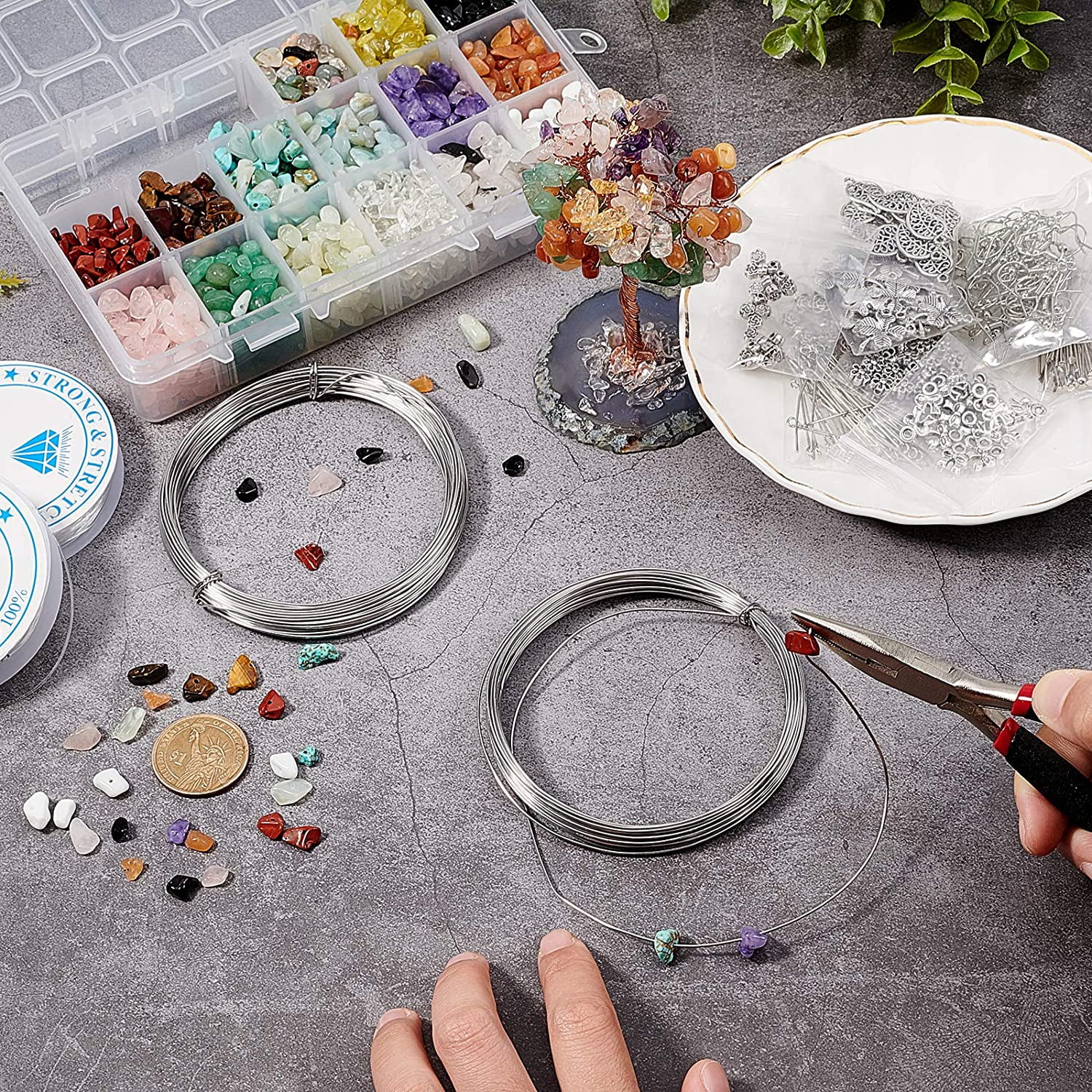 Jewelry Making Kit Including Chip Beads Alloy Pendants Flower Beads Jump Rings Head Pins Eye Pin Earring Hooks Plier Elastic Thread Aluminum Wire