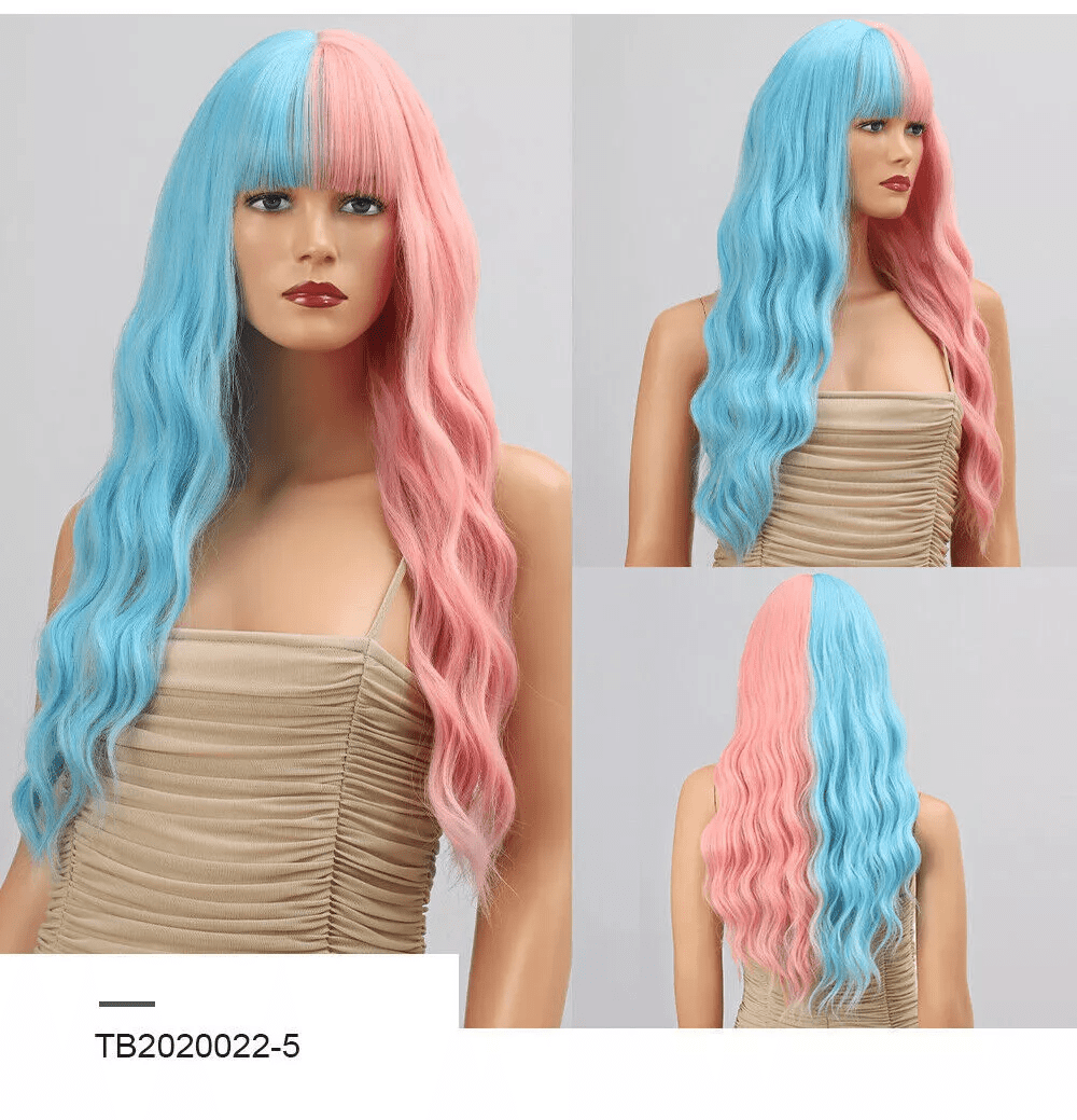 DOPI Brazilian Virgin Hair Full Lace Cap Band Human Hair Wigs For Black Women Fashion Sexy Wig Half Blue & Half Pink Synthe