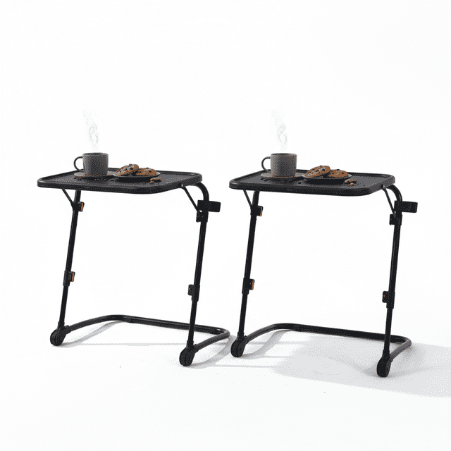 Homy Casa 2 Pack Dallas Industrial Folding TV Tray Table with Adjustable Height, Sofa Laptop Side Table with Cup Holder, Black