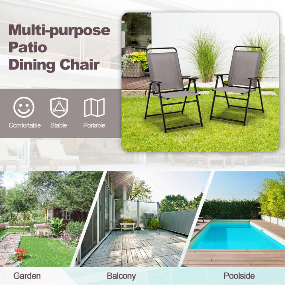 Topcobe Set of 2 Outdoor Folding Sling Chairs with Armrest and Backrest, Outdoor Patio Chair-Gray