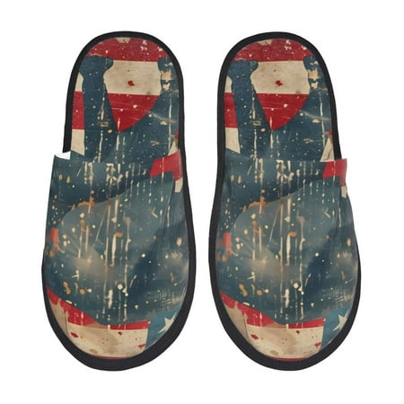 Balery Vintage American Flag Elephant Slient Indoor Furry Fleece Comfort House Shoes Soft Non-Slip Home Shoes Cotton slippers House Slippers-- Medium