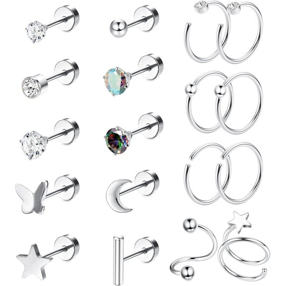 18Pcs Titanium Earrings for Sensitive Ears G23 Titanium Flat Back Earrings for Women Star Moon Butterfly Hypoallergenic Flat Back Earrings Helix Piercing Jewelry Sliver Sliver Sliver Sliver