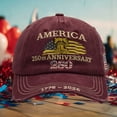 thumbnail image 4 of 250Th Anniversary Hat, 250Th Anniversary, Anniversary, Embroidery, 250Th, Bell, Baseball, Distressed Washed Twill, Maroon, Adjustable Fit, 1 Pc, Patriotic Parades, Us Founding, 4 of 5