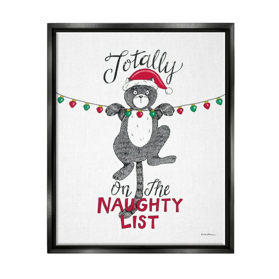 Stupell Industries Naughty List Cat Phrase Holiday Painting Black Floater Framed Art Print Wall Art, 17 x 21