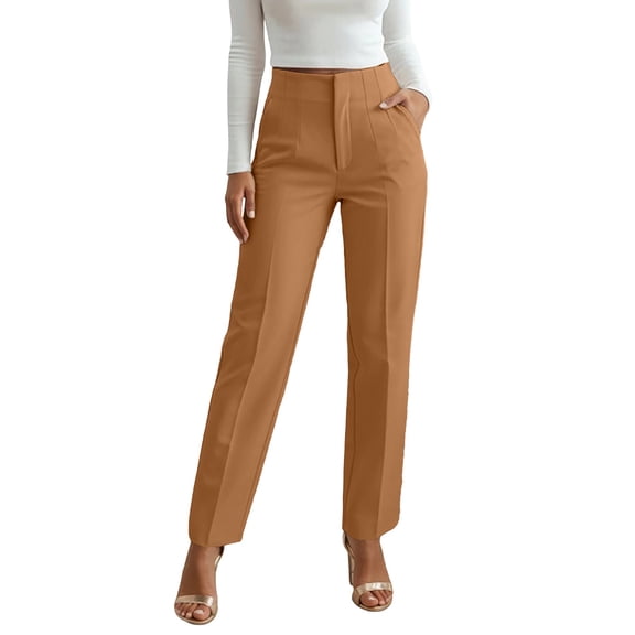 RUTAYY Women's Pants High Waist Solid Color Pleated Slim Fit Basic Bottoms Casual Work with Pockets Comfortable Daily Wear Trendy Beach Trousers