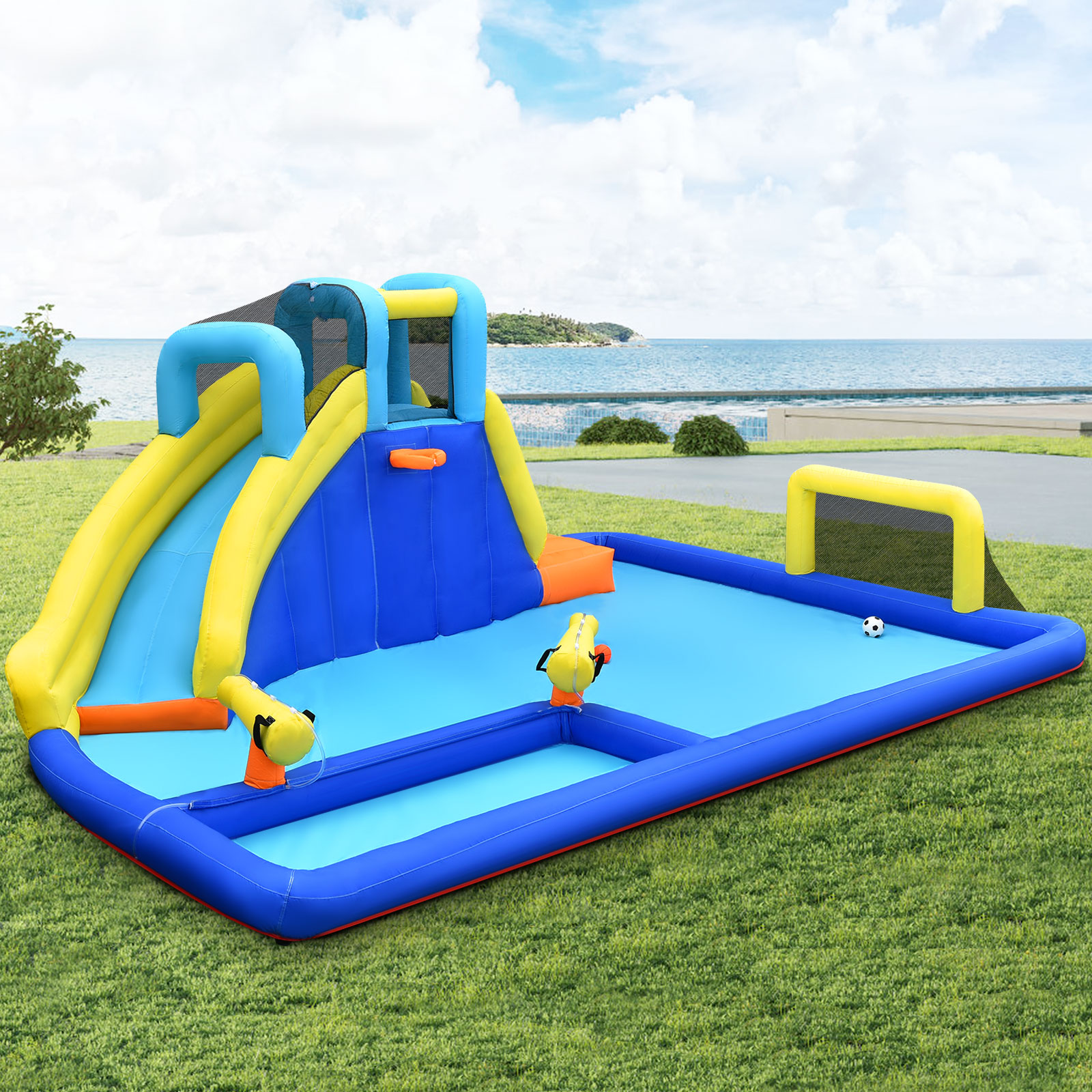 Topbuy Inflatable Bounce House Water Slide Bouncer with Ball Shooting Climbing Wall for Outdoor Entertainment without Blower