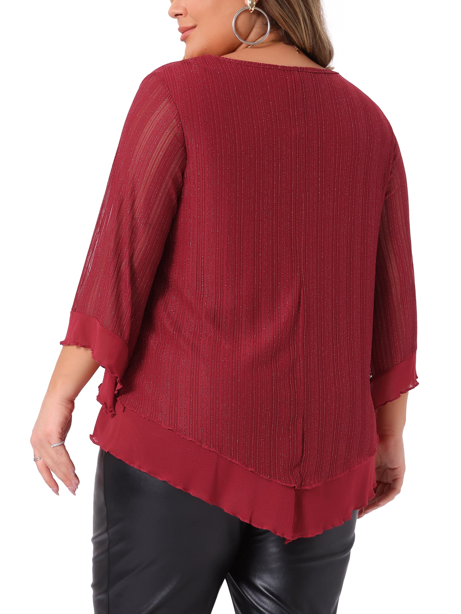 DARING DIVA Women's Plus Ruffle 3/4 Sleeve V Neck Loose Fit Blouse 3X Burgundy