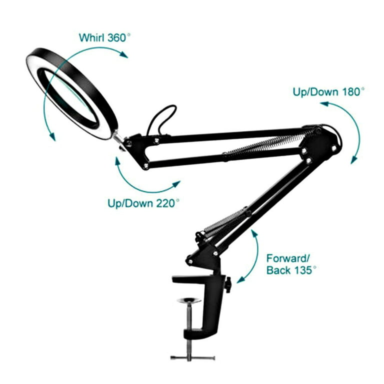 10x Magnifying Glass with Light, Krstlv Real Glass Lens Desk Lamp & Clamp, 3 Color Modes Stepless Dimmable, Hands Free LED Lighted Magnifier with