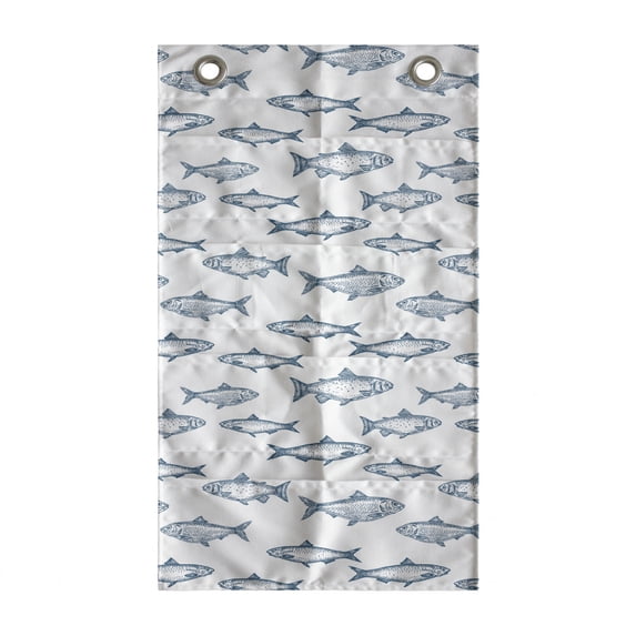 Fishing Hanging Pocket Organizer, Horizontally Drawn Fish Sketches Underwater Creatures Marine-Themed Layout, Printed Polyester Storage Bag with Pockets, 21" x 31", Slate Blue White