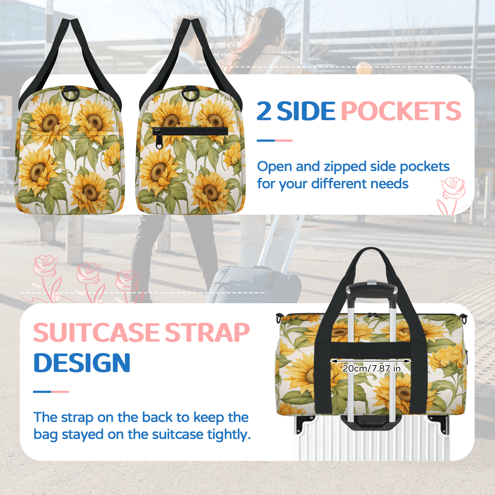 Herdesigns Sunflower Gym Bag for Women, Duffle Bag for Travel Sport, Lightweight Waterproof Carry on Weekender Overnight Dance Yoga Workout Bags