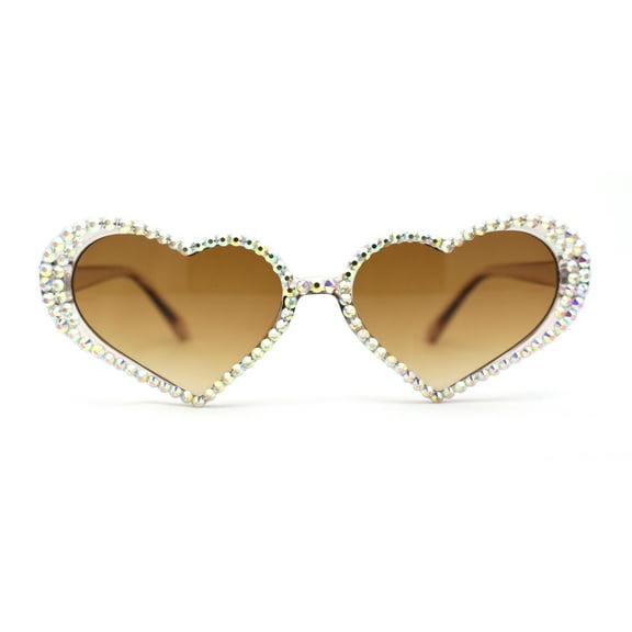 Full Rhinestone Studded Bubbly Heart Shape Cute Sunglasses Beige Brown