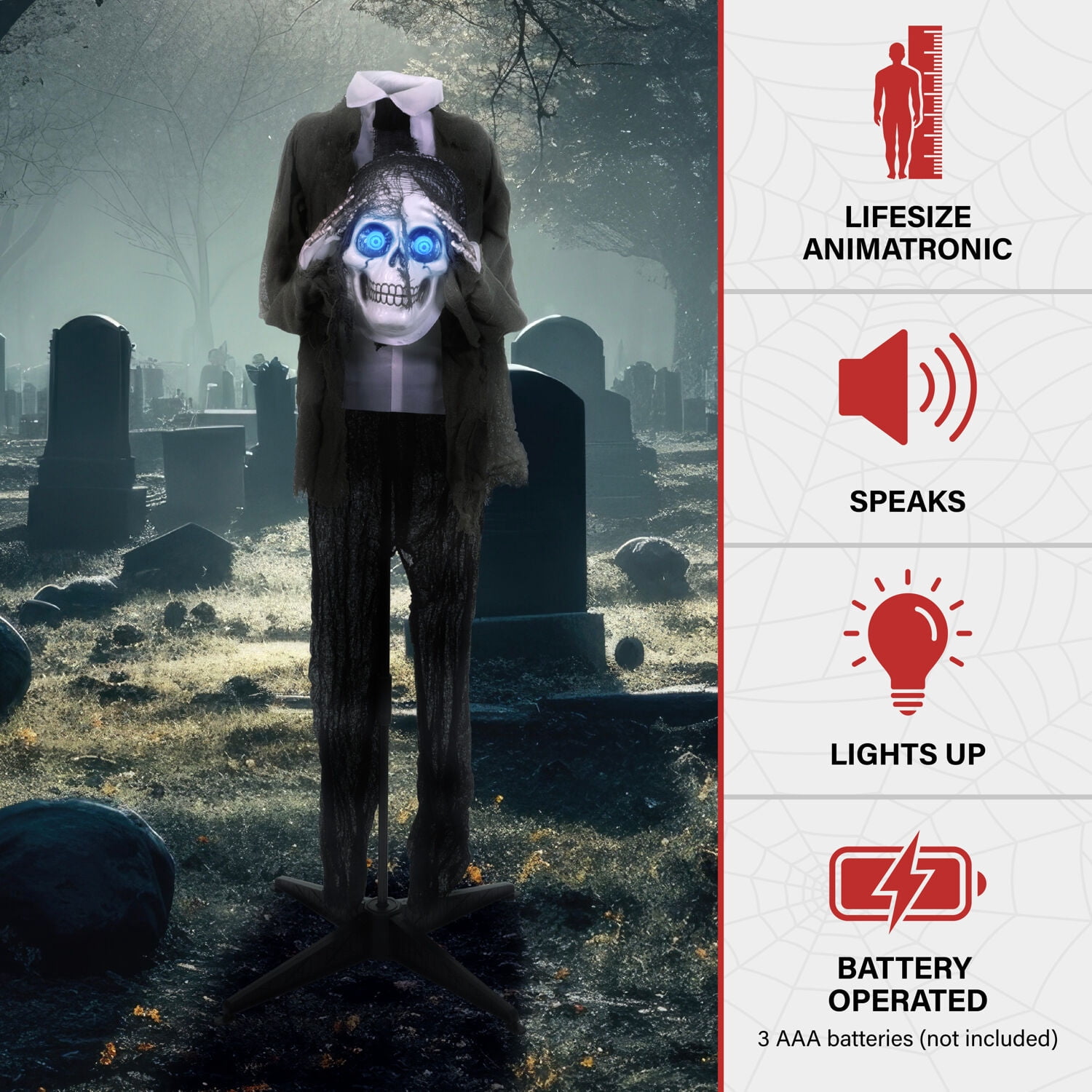 Haunted Hill Farm 4.5 ft Ghostly Skeleton Holding Head with Animated Eyes, Indoor or Covered Outdoor Halloween Decoration, HHRPR-15FLSA