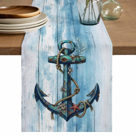 Table Runner 36 Inch Long - Vintage Anchor Ocean Life Decorative Table Scarf, Coastal Blue Gradient Wood Board Dining Table Runners for Wedding Party Kitchen Dining Tables