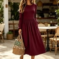 thumbnail image 5 of Women's Long Sleeve Casual Fall Dresses Crew-Neck Swing Party Dress with Pockets 2026 Wine S, 5 of 7