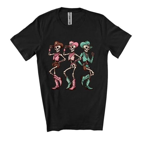 Three Western Dancing Skeletons; Joyful Halloween Cowgirl Dancer Lover; Family Group Unisex T-Shirt