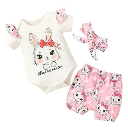 

Girls Short Sleeve Easter Rabbit Prints Romper Bodysuits Shorts Outfits Baby Bouquet Made with Baby Clothes Cute New Born Outfits Baby Girl Christmas Clothes Set Teens Outfits for Girls Receiving Baby