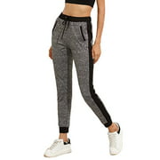SweatyRocks Women Pants Colorblcok Casual Tie Waist Yoga Jogger Pants, Black Grey #2, Medium