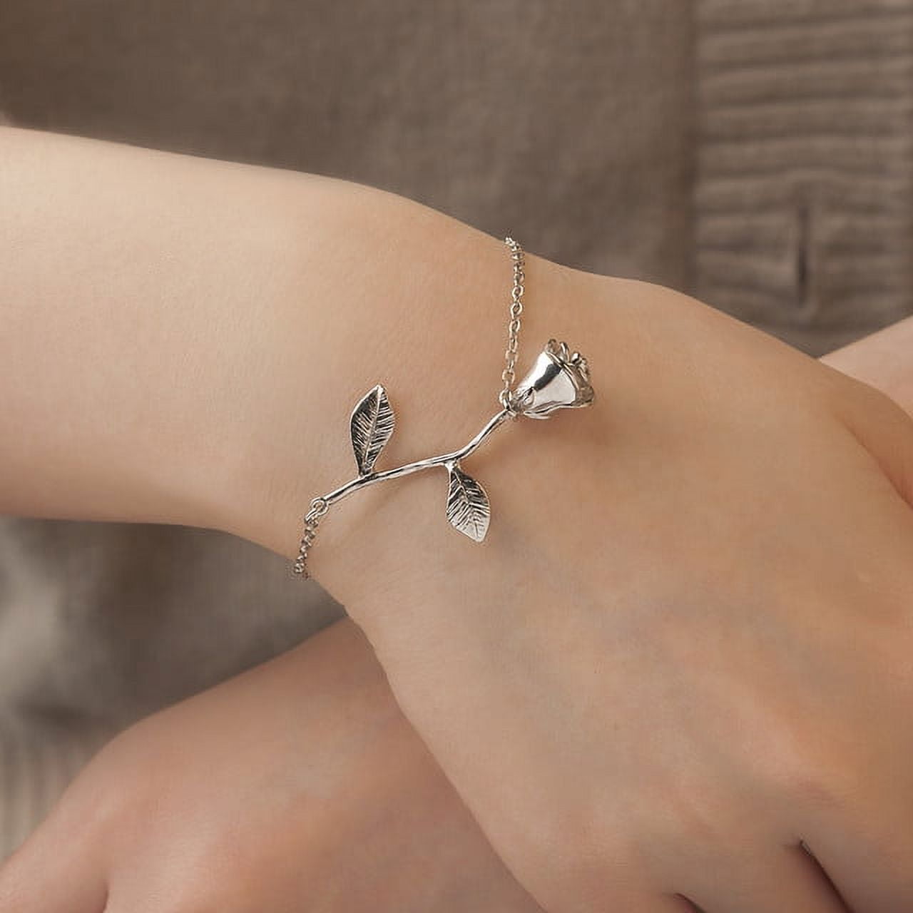 Silver Brass Rose Flower Bracelet Jewelry Valentine's Day Gift Set for Her