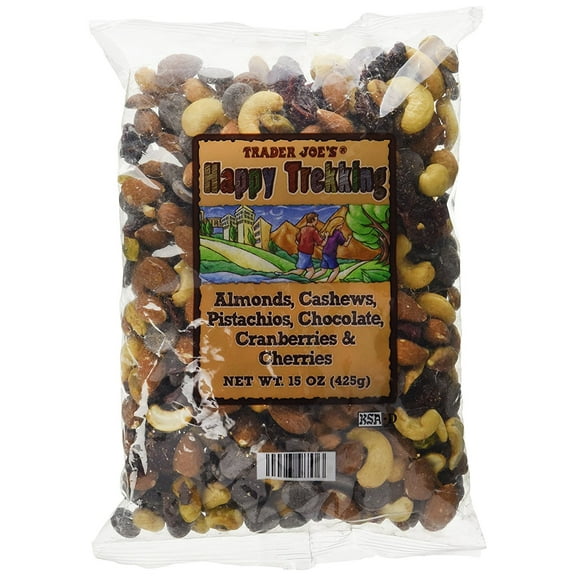 Trader Joe's Happy Trekking...Almonds, Cashews, Pistachios, Chocolate, Cranberries & Cherries...15 oz. bag...Low Sodium...No Gluten