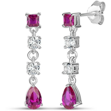 Created Ruby and Created White Sapphire Pear, Round- and Square-Shape Sterling Silver Dangle Earrings
