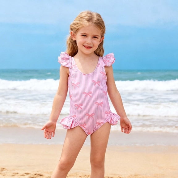BRGZLK Toddler Baby Girls Swimsuit Ruffle Sleeve Bow Print One Piece Bathing Suits Cute Soft Comfortable Beach Vacation Sunsuit Swimwear Pink 5-6 Years