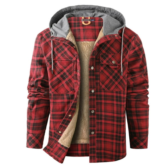WRKEKC Men's Plaid Hooded Winter Coat Long Sleeve Thickened with Button Pocket, Casual Jacket for Cold Weather Red M