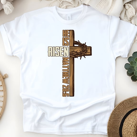 He Is Risen T-Shirt | Christian Cross Graphic Matthew 28:6 Bible Verse Tee, White, Size S