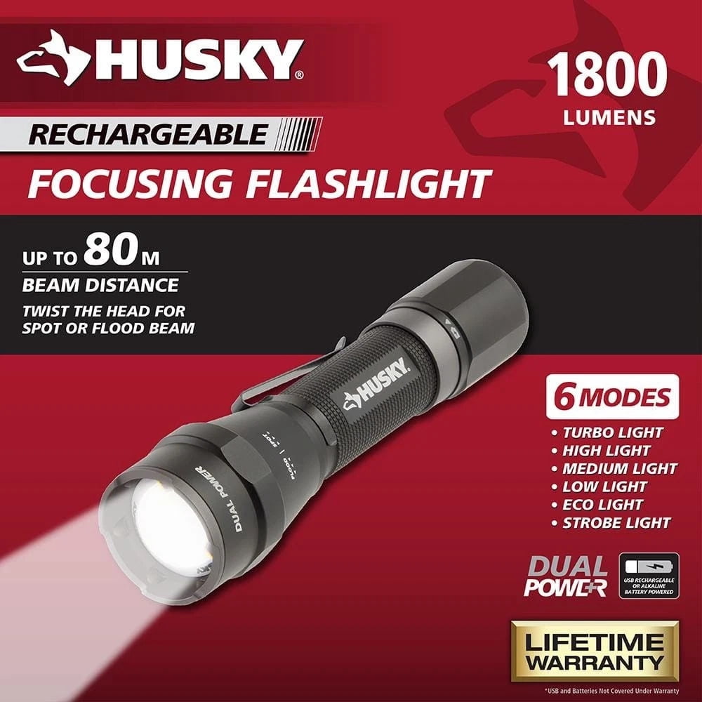 Husky 1800 Lumens Dual Power LED Rechargeable Tactical Focusing Flashlight