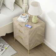 Eumyviv Rustic Metal & Wood 3 Drawer Nightstand, Herringbone Pattern Side Table, Oak Finish