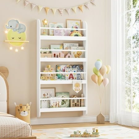 Homfa 4-Tier Wall Bookshelf, 44.5"H Wall-Mounted Kids Bookshelf, Book Storage Rack for Kids Room, White
