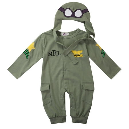 

WenaZao Boys 2Pcs Outfit Pilot Romper Jumpsuit + Cap Army Green Set